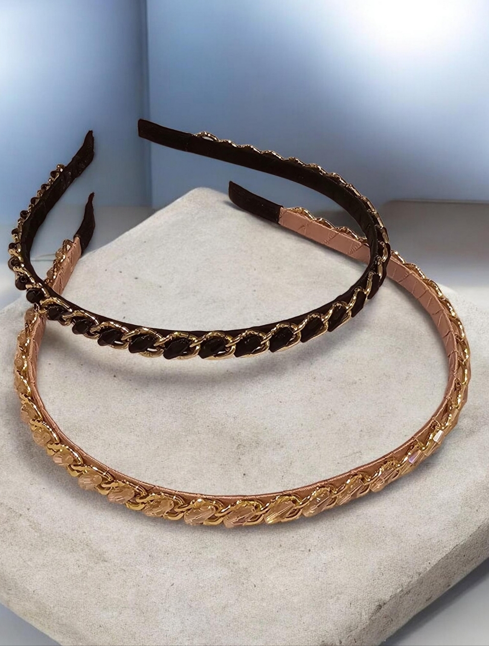 Set of 2 Chic Braided Chain Headbands - Black & Rose Gold